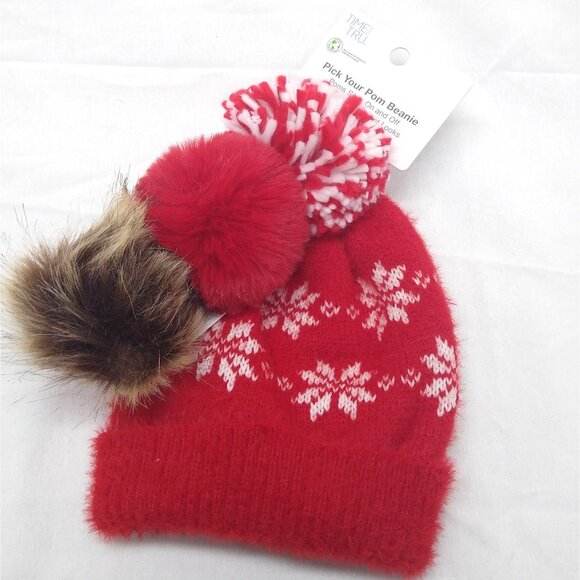 Time and Tru Beanie Pic Your Pom Interchangeable Pompom Faux Fur Accent Snowflak - Picture 1 of 6